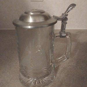 Vintage etched glass sailboat beer stein mug putte